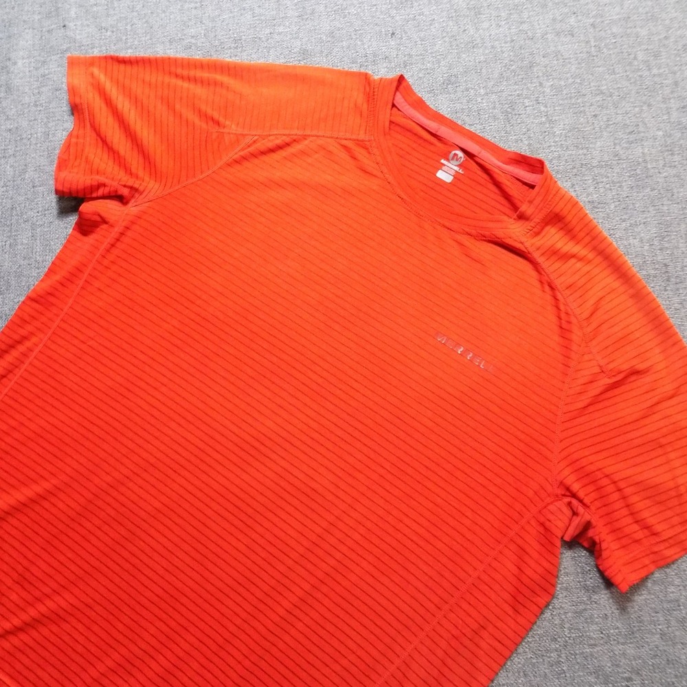 Merrell T-Shirt Mens Large Orange Excellent Striped Short Sleeve Active Hiking